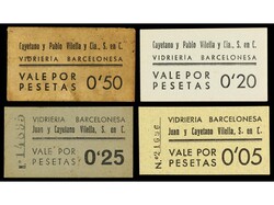 Lote 4 fichas 0,05, 0,20, 0,25 y 0,50 Pesetas. VIDRIERIA BARCELONESA. ...