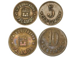 Lote 2 fichas 5 y 10 Céntims. LA EQUITATIVA. PALAMÓS. Latón. ...