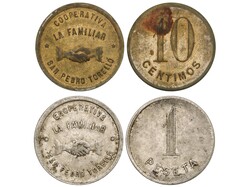 Lote 2 fichas 10 Cèntims y 1 Pesseta. COOPERATIVA LA FAMILIAR. SAN ...