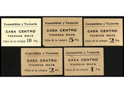 Lote 5 vales de compra 1, 2 (2), 5 y 10 Pesetas. COMESTIBLES Y ...
