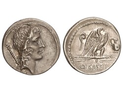 Denario. 55 a.C. CASSIA. Q. Cassius Longinus. Anv.: Cabeza de Bonus ...