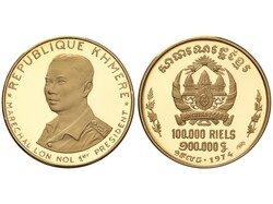 100.000 Riels. 1974. 13,37 grs. AU (900). Presidente Lon Nol. MUY ...