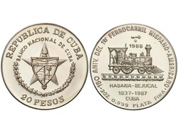 20 Pesos. 1988. 62,21 grs. AR. Primer ferrocarril Cubano. 2 Onzas de ...