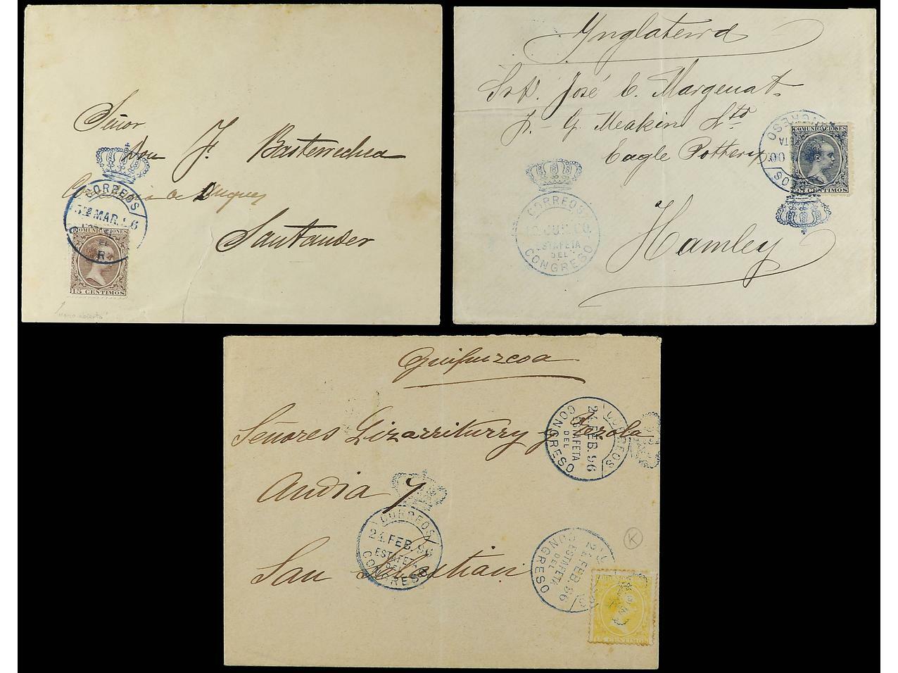 ESPAÑA. 1896-1900. Tres cartas con matasellos del Congreso de los ...