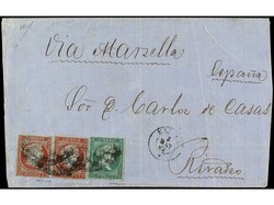 FILIPINAS. 1865. MANILA a RIVADEO. 1 real verde y 2 reales carmín ...