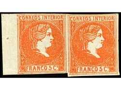 FILIPINAS. 5 cuartos bermellón. Pareja, borde de hoja. Sello raro, ...