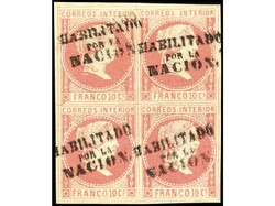 FILIPINAS. 10 cuartos rosa, HABILITADO/POR LA/NACION. Bloque de ...