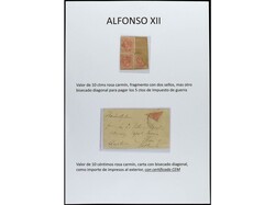 ESPAÑA. ALFONSO XII. Páginas de álbum con sellos bisectados sobre ...