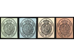 ESPAÑA. 4 onzas CAMBIOS DE COLOR DEL PAPEL. Cuatro sellos, verde ...