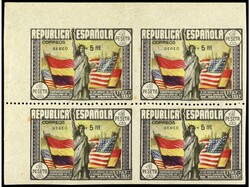 ESPAÑA. Aéreo + 5 pts. multicolor. Bloque de cuatro SIN DENTADO ...