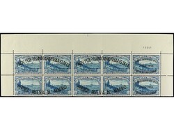 ESPAÑA. 45 cts. + 2 pts. Bloque de veinte sellos cabecera de pliego, ...