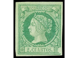 ESPAÑA. 2 cuartos verde. Defecto de impresión en el margen derecho. ...