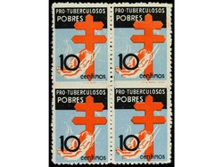 ESPAÑA. 10 cts. negro, azul celeste y rojo. Bloque de cuatro SIN ...