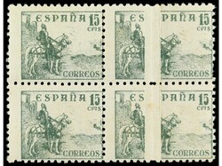 ESPAÑA. 15 cts. verde. Bloque de cuatro FUELLE DEL PAPEL en dos ...