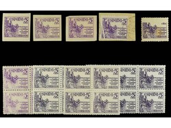ESPAÑA. 5 cts. violeta. 9 sellos con distintas variedades, SIN ...