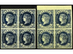 ESPAÑA. 2 reales azul s. amarillo. 2 bloques de cuatro, diferentes ...