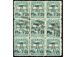 ESPAÑA: CANARIAS. 1,25 pts. s. 1 c. Bloque de nueve, tres sellos ...