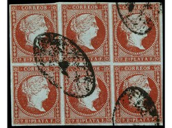 COLONIAS ESPAÑOLAS: ANTILLAS. 2 reales carmín oscuro en bloque de 6 ...