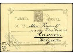 FILIPINAS. 1896. Tarjeta Postal de MANILA a ANVERS (Bélgica). 3 cts. ...