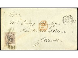 ESPAÑA. 1868. MADRID a SUIZA. 20 c. lila, mat. parrilla con cifra. ...
