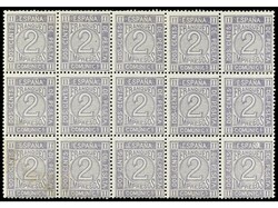 ESPAÑA. 2 cts. gris. Bloque de 15 sellos, centraje de la emisión, ...