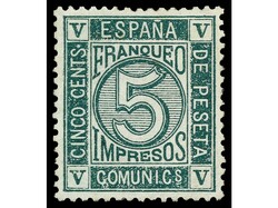 ESPAÑA. 5 cts. verde. PIEZA DE LUJO. Cert. COMEX. Ed.117. Cat. 260€