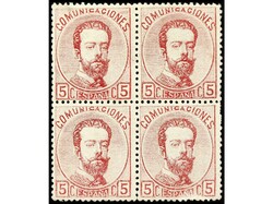 ESPAÑA. 5 cts. rosa. Bloque de cuatro. Sellos inferiores sin ...