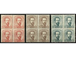 ESPAÑA. 5 cts. rosa, 25 cts. castaño y 50 cts. verde. Bloques de ...