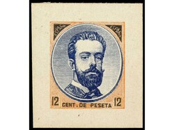 ESPAÑA. 12 cts. naranja, negro y azul. PRUEBA DE PUNZÓN (Gálvez ...