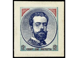 ESPAÑA. 12 cts. verde, carmín y azul. PRUEBA DE PUNZÓN (Gálvez ...