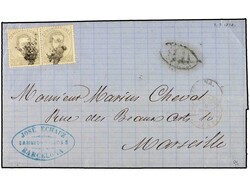 ESPAÑA. 1873. BARCELONA a MARSEILLE (Francia). 20 cts. gris (2). MUY ...