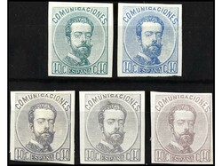 ESPAÑA. ENSAYOS DE COLOR. 40 cts. verde, azul, lila, lila gris y ...