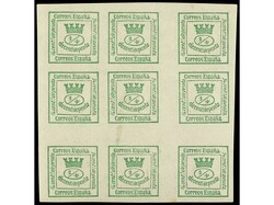 ESPAÑA. 4 cuartos verde en bloque, con 5 sellos de 1 cuarto. LUJO. ...