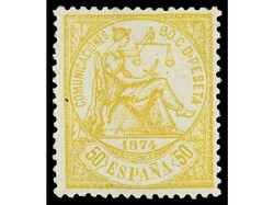 ESPAÑA. 50 cts. amarillo. Muy bonito ejemplar. Cert. GRAUS. Ed.149. ...