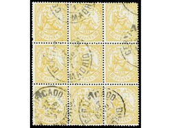 ESPAÑA. 50 cts. amarillo. Bloque de nueve, mat. CERTIFICADO/MADRID. ...