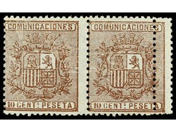 ESPAÑA. 10 cts. castaño. Pareja, un sello DOBLE DENTADO VERTICAL. ...