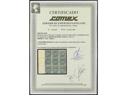 ESPAÑA. 5 cts. verde. Bloque de nueve, un sello en posición ...