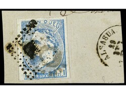 ESPAÑA. 1 real azul sobre fragmento. Mat. rombo de puntos y Sol de ...