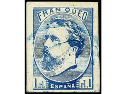 ESPAÑA. 1 real azul. Mat. fechador azul. Amplios márgenes. LUJO. Ed ...