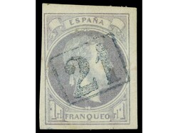ESPAÑA. 1 real violeta. Mat. 21 de MARQUINA en azul. Ed.158