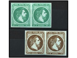 ESPAÑA. 50 cts. verde y 1 pta. castaño PAPEL AZULADO en parejas. ...