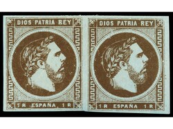 ESPAÑA. 50 cts. verde y 1 pta. castaño PAPEL AZULADO en parejas. ...