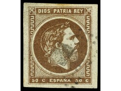 ESPAÑA. 50 cts. castaño ERROR DE COLOR matasellos rombo de puntos ...