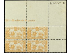 ESPAÑA. 4 pts. naranja. Bloque de cuatro, esquina de hoja con nº. ...