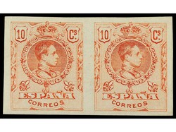 ESPAÑA. 10 cts. rosa. Pareja SIN DENTAR al dorso numeración ...