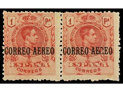 ESPAÑA. 5 cts. verde y 1 pta. carmín. Pareja, un sello rotura en la ...