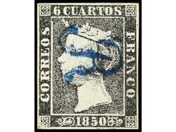 ESPAÑA. 6 cuartos negro, plancha I, mat. R de Barcelona en azul. MUY ...
