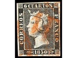 ESPAÑA. 6 cuartos negro, plancha I, mat. 1 R en rojo de BILBAO, ...