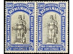 SAN MARINO. 1918. 25 + 5 cts. negro y azul. Pareja UN SELLO SIN ...