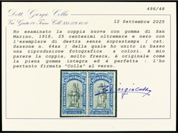 SAN MARINO. 1918. 25 + 5 cts. negro y azul. Pareja UN SELLO SIN ...